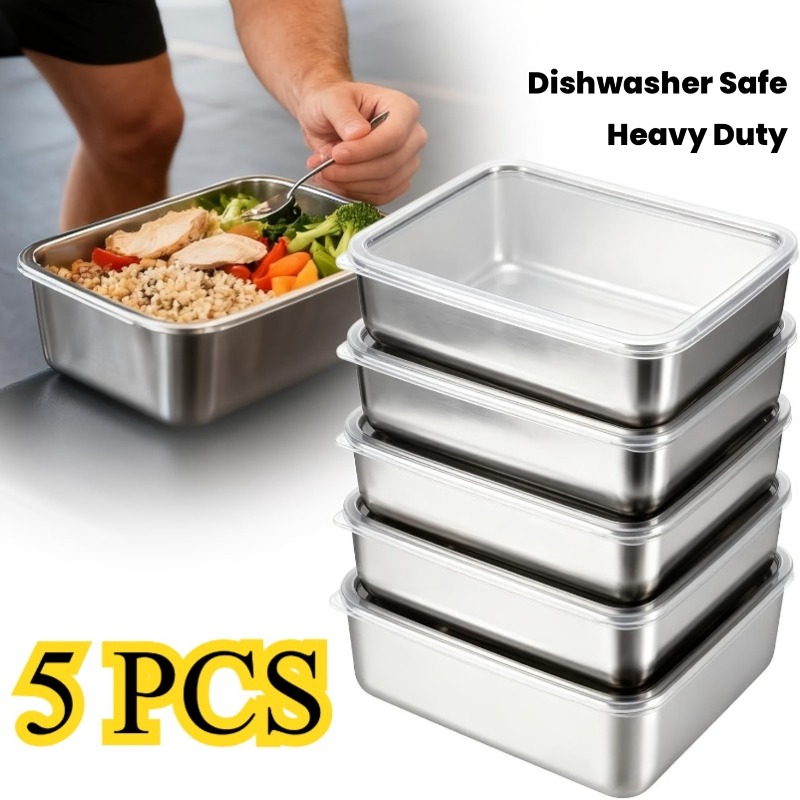 Camping Cooking Organizer - ชุดกล่องใส่อาหารสแตนเลส 5 ชิ้น ป้องกันการรั่วซึม ซ้อนกันได้ นำกลับมาใช้ใหม่ได้
