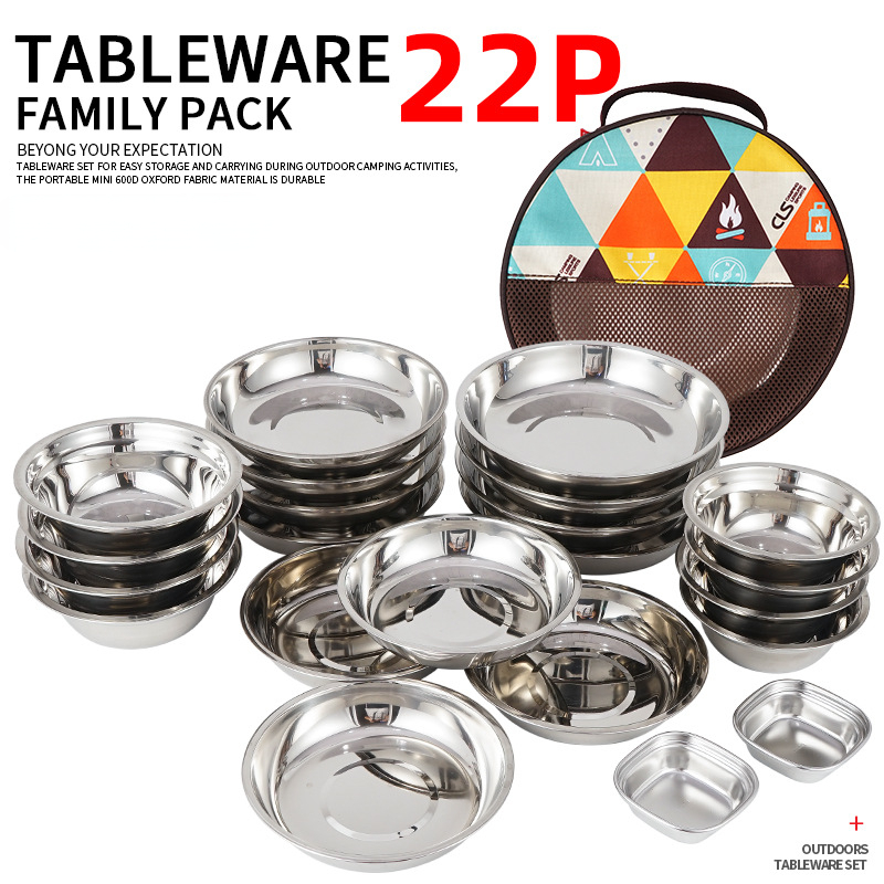 Camping Cooking Dining Set - ชุดจานอาหารแบบพกพาสำหรับทำอาหารตั้งแคมป์กลางแจ้ง22ชิ้นชุดจานชามหม้อซุปถาดบาร์บีคิวสำหรับตั้งแคมป์